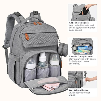 BabbleRoo Diaper Bag Backpack - Travel Large Baby Diaper Bag with Changing pad, Waterproof Baby Bags for Mom & Dad, Unisex Bags with Pacifier Case, Luggage Strap & Stroller Clips– Light Gray