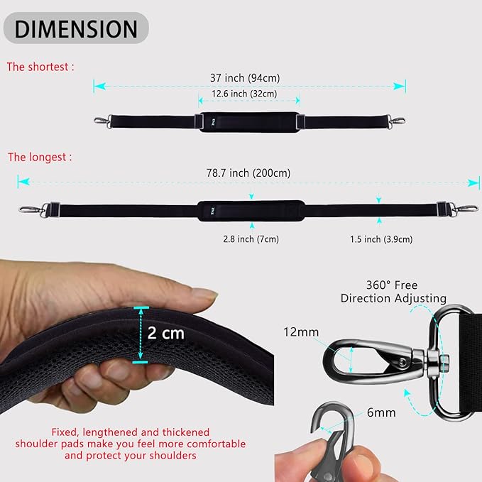 ZINZ 79 inch Shoulder Strap, Extra-thick Fixed Cushion Pad and Dual Clasps Universal Replacement Strap with Metal Swivel Hooks for Laptop Bags, Luggage Bags, Camera, Crossbody (200cm,Black)