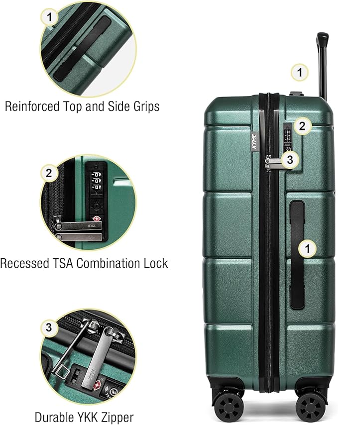 KYME Luggage Sets 2 Piece Suitcase Set Hardshell 20 inch/24 inch Luggage with Spinner Wheels Hardside PC+ABS Checked Large Suitcase with TSA Lock for Women Green