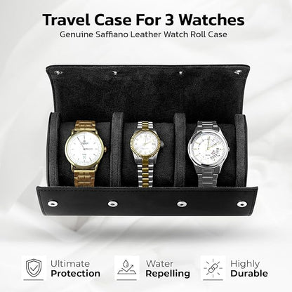 W&S Watch Roll Travel Case for Men and Women with 3 Watch Storage Organizer - Secure Storage with Innovative Removable Pillows & Solid Dividers for Home, Travel and Display (Black)