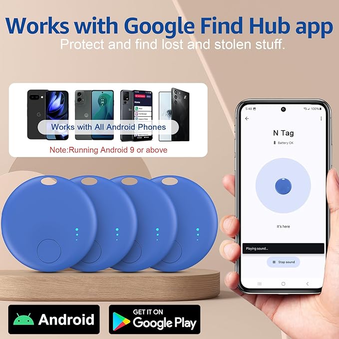 Smart Tags-4 Pack for Android Tracker Tags, Bluetooth Tracker, Work with Google's Find Hub App, Item Finder for Keys, Item Locator for Wallet, Suitcases (Blue)