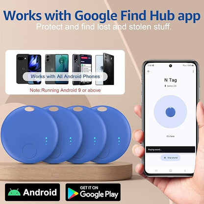 Smart Tags-4 Pack for Android Tracker Tags, Bluetooth Tracker, Work with Google's Find Hub App, Item Finder for Keys, Item Locator for Wallet, Suitcases (Blue)