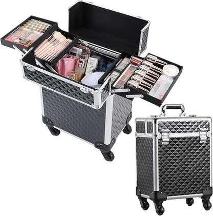 Rolling Makeup Train Case Large Cosmetic Trolley Organized Aluminum Barber Case for Hairstylist Makeup Nail Tech Salon with Keys Swivel Wheels Traveling Cart Trunk - Black