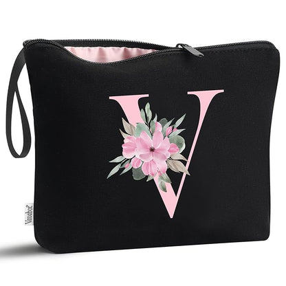 Vavabox A-Z Personalized Makeup Bag, Birthday Gifts for Women Mom, Gifts for Best Friend, Bride Bridesmaid Cosmetic bag (V, Black)