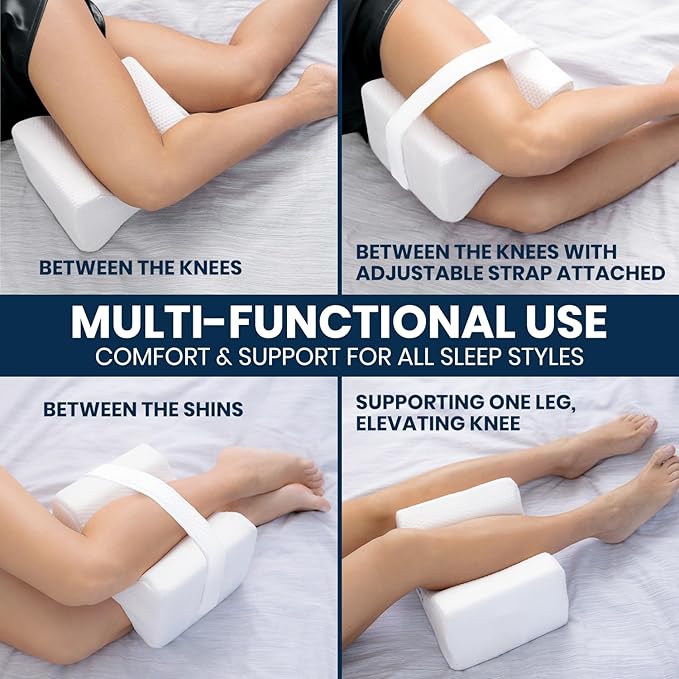 Everlasting Comfort Memory Foam Knee Pillow for Side Sleepers – Sciatica Pain Relief Pillow, Removable Strap Support – Leg Pillows for Sleeping Alignment, Knees, Back & Hip Cushion