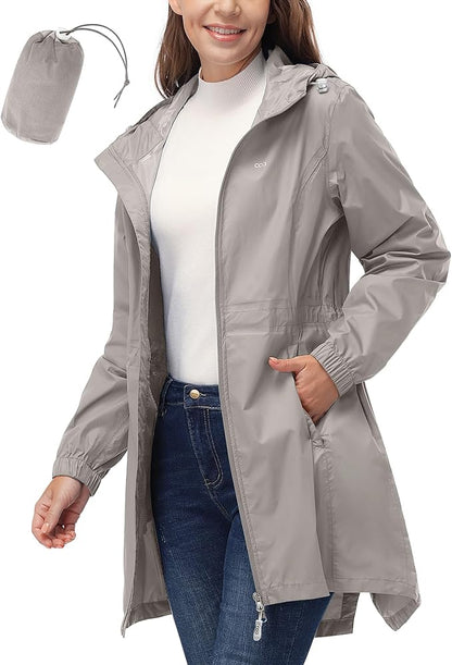 33,000ft Women's Waterproof Long Rain Coats Packable Rain Jacket with Hood Trench Coats Windbreaker