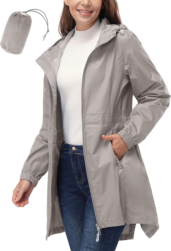 33,000ft Women's Waterproof Long Rain Coats Packable Rain Jacket with Hood Trench Coats Windbreaker