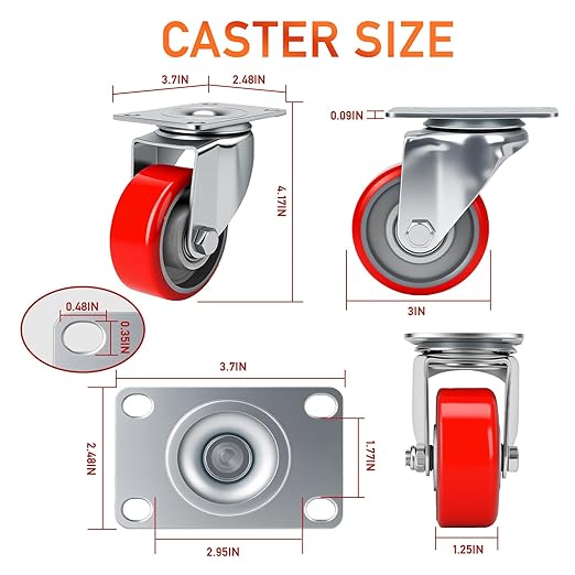 3 Inch Caster,Heavy Duty Caster Wheels Set of 4,Load 1400 Lbs,Polyurethane Steel Wheels,Noiseless Swivel Casters for Trolleys,Furniture,Toolboxes(2Swivel&2Rigid)