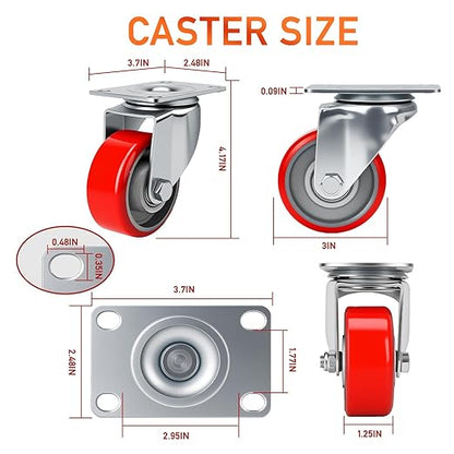 3 Inch Caster,Heavy Duty Caster Wheels Set of 4,Load 1400 Lbs,Polyurethane Steel Wheels,Noiseless Swivel Casters for Trolleys,Furniture,Toolboxes(2Swivel&2Rigid)