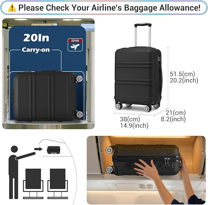 Kono Carry on Luggage with Spinner Wheel TSA Lock Lightweight PC+ABS Hardside Luggage Durable Small Carry on Suitcase(20 Inch, Black)