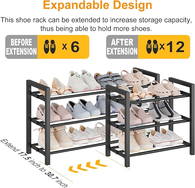 3-Tier Expandable Shoe Rack – Adjustable Heavy-Duty Metal Shoe Organizer Shelf for Closet, Entryway, Mudroom & Garage – Durable Freestanding Storage, Black
