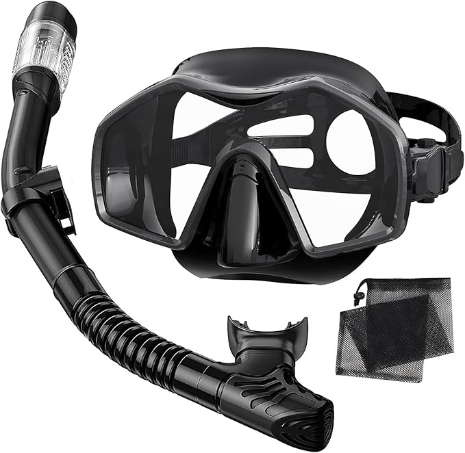 Snorkeling Gear for Adults,Dry-Top Snorkel Mask Set with Tempered Glass,Anti-Fog & Anti-Leak Panoramic Swim Mask,Adjustable Snorkel Kit with Carry Bag for Scuba Diving,Swimming,Travel
