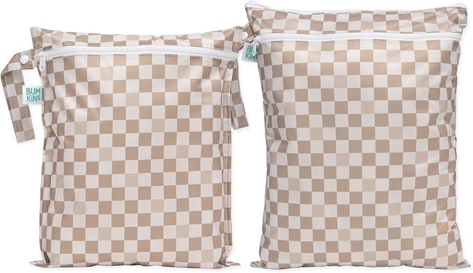 Bumkins - Waterproof Wet and Wetdry Bags - For Beach, Baby, Travel, Swim Suit, Cloth Diapers, Pump Parts, Pool, Gym, Toiletries - Reusable & Easy to Clean - Beige Check - 2 Pack