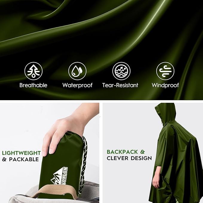 Bruvoalon 3-in-1 Rain Poncho with 1/4 Zip & Chest Pocket, Waterproof, Sunshade, Ground Mat for Adults & Youth Emergency