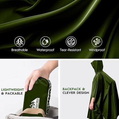 Bruvoalon 3-in-1 Rain Poncho with 1/4 Zip & Chest Pocket, Waterproof, Sunshade, Ground Mat for Adults & Youth Emergency
