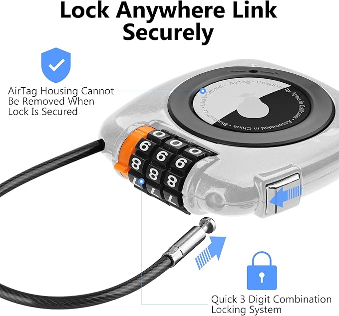 Compatible with Apple AirTag Secure Lock with Wire Cable, 3-Digit Combination Luggage Locks, Alloy Body Ultra Durable Anti-Lost Protective Case for Luggage, Suitcase (White*2)