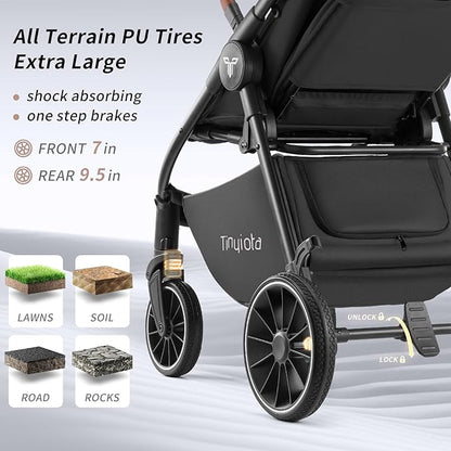 Tinyiota Stroller for Babies,Toddler Strollers with Large UPF 50+ Canopy,Luxury Baby Stroller with Leather Handle & Spacious Seat, One-Hand Foldable Pushchair,Baby Carriage with Lie-Flat Mode(Black)
