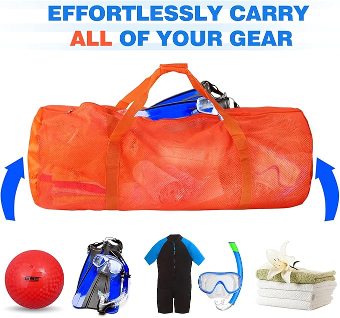 Orange Heavy-Duty Large Mesh Sports Duffle Bag, Dry Bag, Diving Equipment Scuba Bag with Zipper. Great for Gym Workout, Sport Balls Storage, Scuba Gear, Snorkeling, Water Sports and Travel