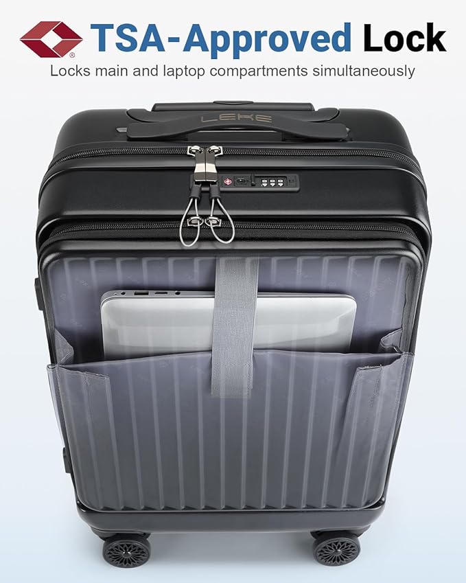 Lekebobor Carry On Luggage 22x14x9 Airline Approved, 20 Inch Hard Shell Suitcase with TSA Lock, Front Pocket & Spinner Wheels for Business Travel, Black