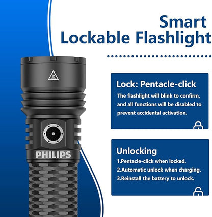 Philips Rechargeable Flashlights High Lumens with Ignition Lens,13000lm Professional Smart Super Bright Flashlight with Stepless Dimming&Smart Memory,Waterproof,Powerful Handheld LED Flash Light