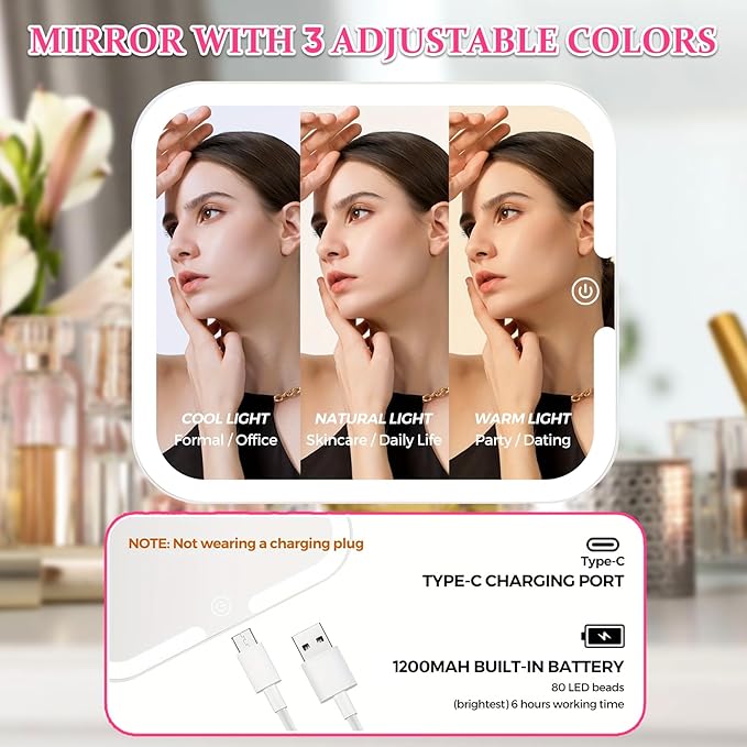 Makeup Box with Detachable Lighted Mirror–Travel Train Case, Cosmetic Storage Organizer & Makeup Suitcase with Adjustable Dividers & Magnetic LED Mirror (Pink)