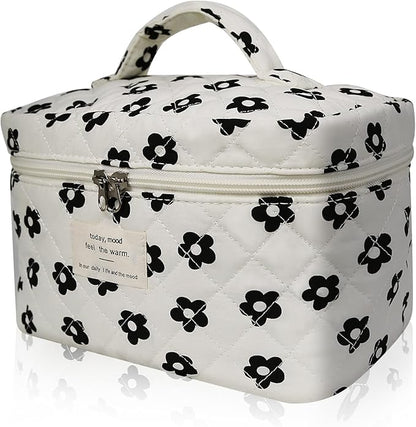 Large Makeup Bag, Cute Cosmetic Bag for Women Girls, Floral Coquette Aesthetic Toiletry Bag, Travel Make Up Organizer Bag (Black Flower)