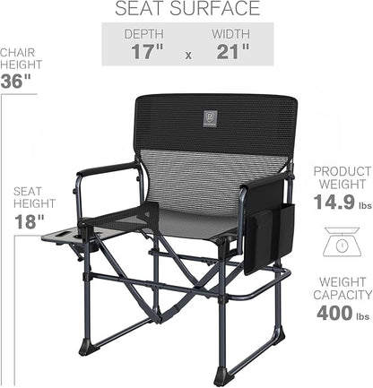 EVER ADVANCED Camping Directors' Chair with Side Table, Portable Folding with Compact Size, Breathable & Quick Dry Design Heavy Duty Lawn Chair with Pocket, 400lbs, Textilene Mesh, Black