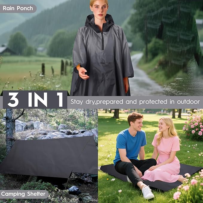 Bruvoalon 3-in-1 Rain Poncho with 1/4 Zip & Chest Pocket, Waterproof, Sunshade, Ground Mat for Adults & Youth Emergency