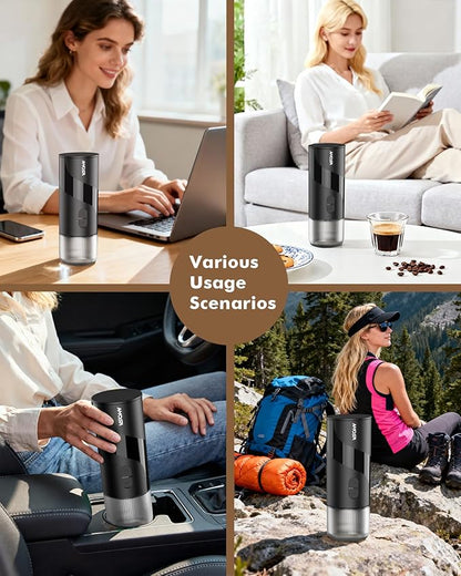Portable Electric Espresso Machine & Manual Coffee Grinder & Electric Milk Frother All in 1 Mini Travel Coffee Maker Set for Camping, Car, RV, Hiking, Office, Home, Ground Coffee & NS Capsules Pod