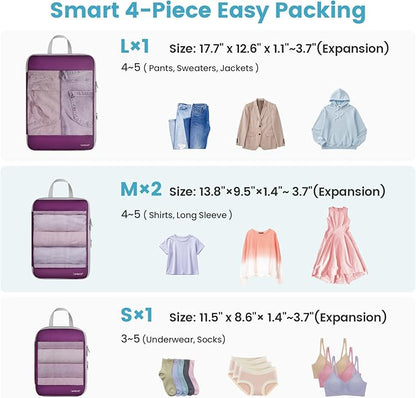 Cambond See Through Mesh Compression Packing Cubes - 4 Set Space Saving Packing Cubes for Travel Women, Lightweight Travel Bags Luggage Packing Organizer Essentials for Suitcases, Purple