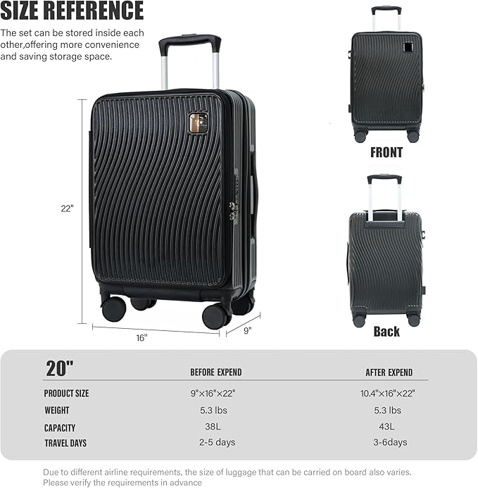 20-Inch Expandable Carry-on Luggage PC Hard Shell TSA Suitcase with Top Opening 360°Rolling Wheels Suitcase(BLACK)