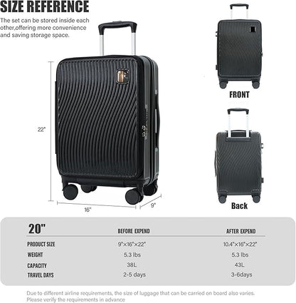 20-Inch Expandable Carry-on Luggage PC Hard Shell TSA Suitcase with Top Opening 360°Rolling Wheels Suitcase(BLACK)