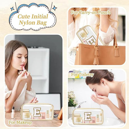 Small Clear Personalized Initial Makeup Bag,Nylon Preppy A-Z Chenille Letter Patch Cosmetic Pouch Beach Toiletry Bag,Waterproof Zipper Travel Purse Storage Bag Organizer for Women Girls(Beige-White E)
