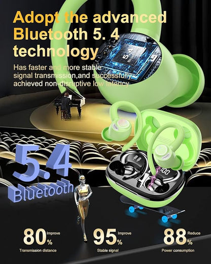 Wireless Earbuds, Bluetooth 5.4 Headphones Sport, Over Ear Buds With ENC Noise Cancelling Mic, 48H, Wireless Earphone With Earhooks, Stereo Deep Bass, IP7 Waterproof ear bud for Workout Running, Green