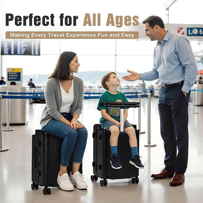 Kids Ride-On Luggage with Adjustable Safety Seat, 20 Inch Carry On Suitcase with 360° Silent Wheels, Cup & Tablet Holder, TSA Lock, For Toddlers to Adults, 200lbs Support, Lightweight Travel Suitcase
