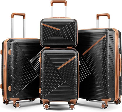 4-Piece Expandable Hardshell Luggage Set with TSA Lock (14/20/24/28) - Lightweight PP Suitcases, 360° Silent Spinner Wheels and Durable 100LB Handle for Air Travel (D# Black)