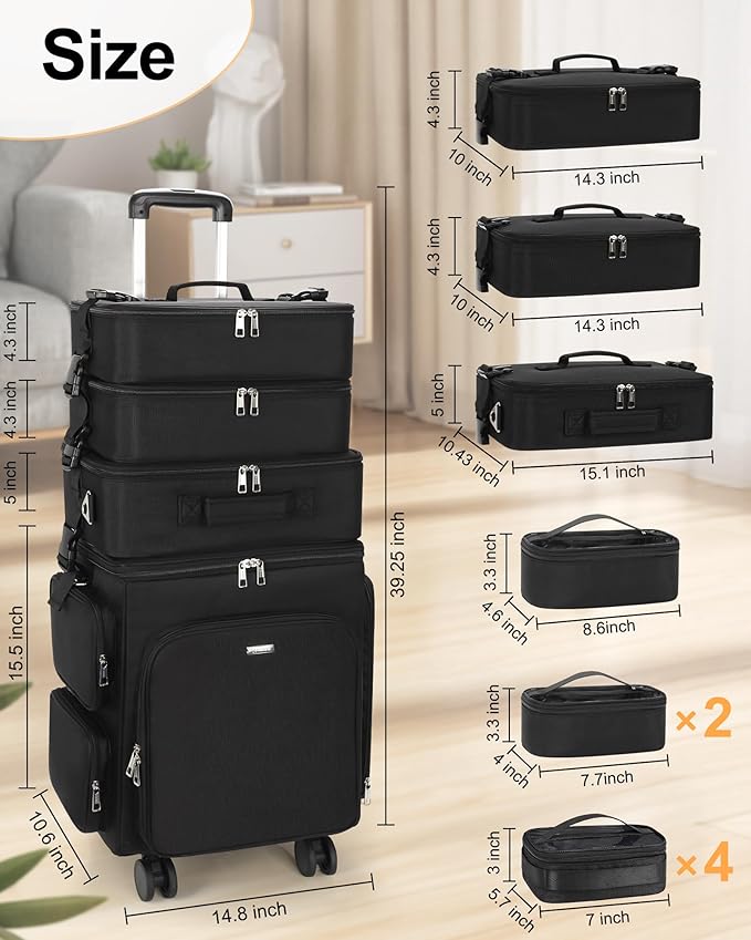 Relavel Rolling Makeup Case, 4 in 1 Hairstylist Traveling Bag Cosmetology Case on Wheels Large Hair Tools Cosmetics Train Case Makeup Artist Organizer (black with 4 additional small bags, Extra Large)