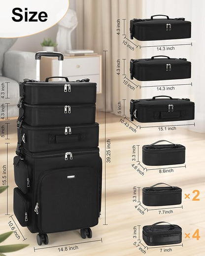 Relavel Rolling Makeup Case, 4 in 1 Hairstylist Traveling Bag Cosmetology Case on Wheels Large Hair Tools Cosmetics Train Case Makeup Artist Organizer (black with 4 additional small bags, Extra Large)