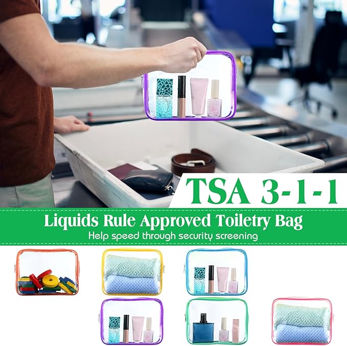 Cunno 60 Pcs Clear Toiletry Bag TSA Approved Cosmetic Bag Bulk Makeup Bag Travel Carry Airport Airline Compliant Bag for Women Men Summer Vacation Salon Mother Gift(Bright Color)