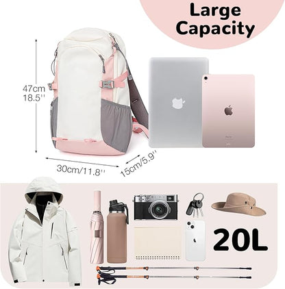 20L Small Waterproof Pink Hiking Backpack with Chest Strap for Women, Lightweight Travel Backpack with Padded Straps for Airplane