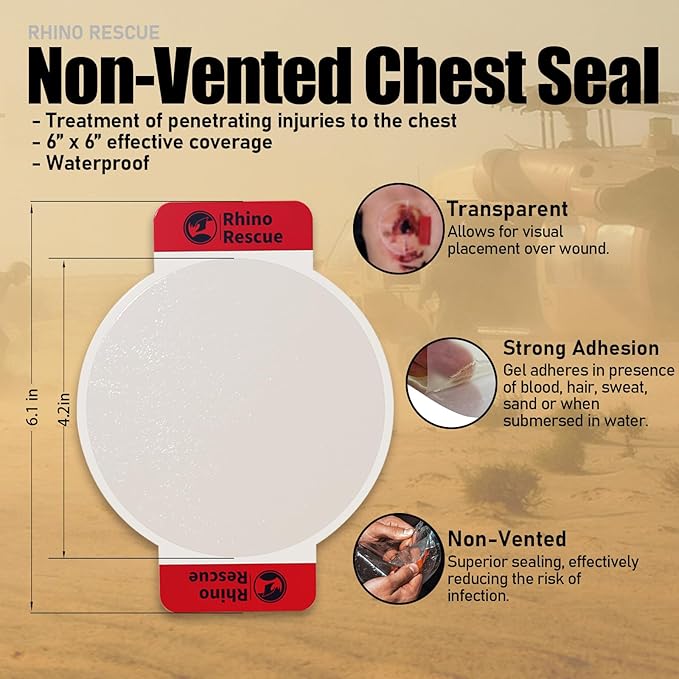 RHINO RESCUE Chest Seal Non-Vented, Sterile Emergency Trauma Dressing, Occlusive Adhesive Pad, IFAK Refill & Medical First Aid Supplies for Wound Care, Gunshot Wound, Sucking Chest (6 Count)
