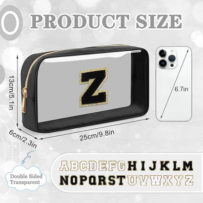 Small Clear Personalized Initial Makeup Bag, Preppy A-Z Chenille Letter Patch Cosmetic Bag, Cute Transparent Nylon Waterproof Zipper Beach Varsity Letter Pouch, Gift for Women Girls(Black-Black Z)
