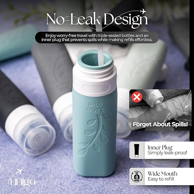 unigo Travel Bottles For Toiletries, 3 oz TSA Approved Containers, Travel Size Toiletries, Shampoo and Conditioner Bottles, Leak Proof and Refillable Bottles, BPA Free, Extra Bottle Covers (Gray)