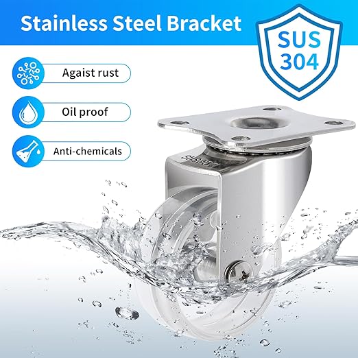 2 Inch Stainless Steel Casters Wheels Set of 4, Anti-Corrosion, 360-Degree Rotation, Non-Marking Plastic Clear Wheels for Furnitures, Labs, Hospitals, Restaurants