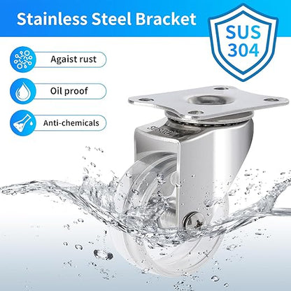 2 Inch Stainless Steel Casters Wheels Set of 4, Anti-Corrosion, 360-Degree Rotation, Non-Marking Plastic Clear Wheels for Furnitures, Labs, Hospitals, Restaurants