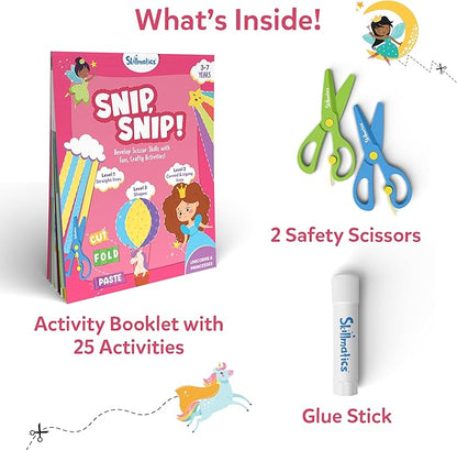 Skillmatics Scissor Skills Activity Book - Snip Snip Unicorns & Princesses, Stocking Stuffers, 25 Fun Cutting Activities, 2 Child-Safe Scissors, Felt Craft Kit, Christmas Gifts for Ages 3, 4, 5, 6, 7