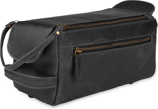 Genuine Leather Travel Toiletry Bag for Men & Women – Premium Water-Resistant Large Dopp Kit, Shaving Organizer & Compact Bathroom Essentials Case - Black