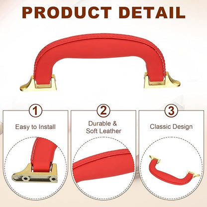 uxcell 2 Pcs PU Leather Luggage Handle, 0.9" Hole Distance Vintage U-Shape Replacement Strap Handle for Travel Handbag Guitar Musical Box Gift Boxes, Red/Gold