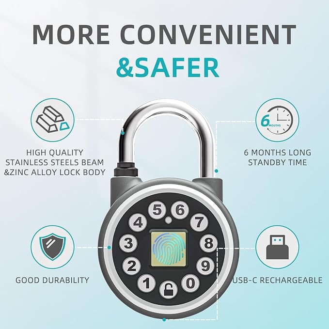 SFW Fingerprint Padlock,Bluetooth Pad Locks with Code, Water Resistant Smart Padlocks with Mobile App.Suitable for Gyms, Sports Facilities, Bicycles, Schools, Luggage and Lockers (Silver)