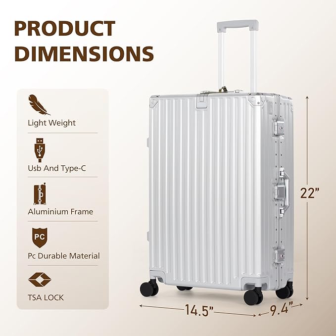 20-Inch Carry On Luggage with Thickened Aluminum Frame,PC Hardshell Zipperless Suitcase with Spinner Wheels, TSA Lock,USB Charging Port,Light Gray